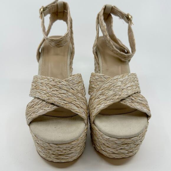 Just Fab Mia Sandals Women Sz 6 Beige Notched Wedge Straps Crisscross Espadrille - Picture 2 of 9